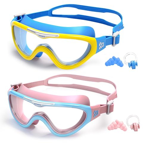 Yimserk 2 Pack Kids Swim Goggles with Nose Clip & Ear Plugs, Anti-Fog UV Protection Swimming Goggles for Boys & Girls Age 4-14, Soft Silicone Leak-Proof Pool Goggles with Case