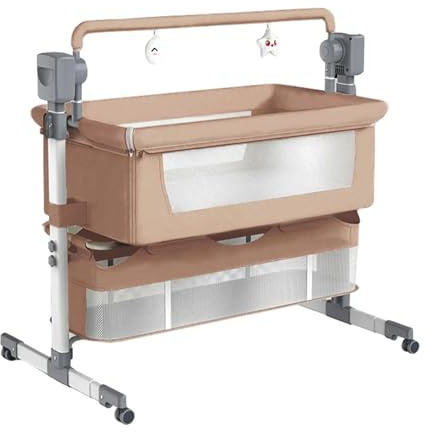 Magic ZC Beistellbett Baby mit Rollen, Convertible Faltbar Co-Sleeping Babybett, Fernbedienung und 5-schwankende Zahnräder, Stubenwagen Baby Kleinkind Wiege mit Musik (601 Brown)