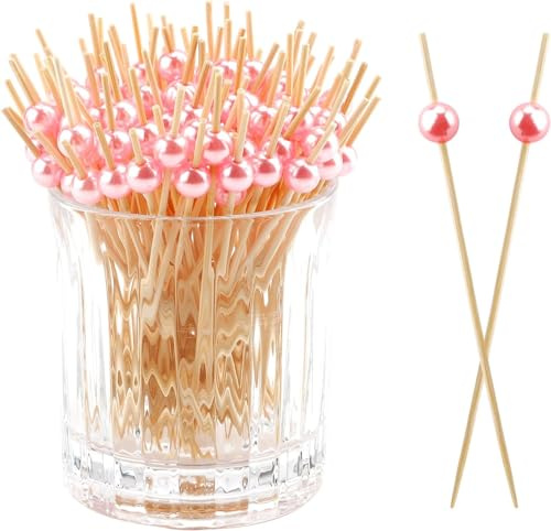 ALINK Rosa Perlen Cocktailspieße,100 Stück Spieße Fingerfood Kinder,12cm Perlen Cocktail Deko Hochzeit Holzspieße,Cocktail Sticks Zahnstocher Holz,Obstspieße Käsespieße Partyspieße für Geburtstag