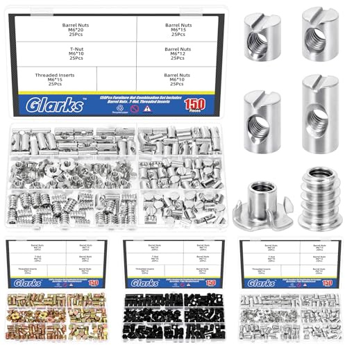 Glarks 60 st M6 x 10/12/15/20 mm nickelpläterad hammare mutterkit, inkluderar 40 st tunnmuttrar, 10 st träinsatser bult möbelskruv, 10 st 4-prongade T-muttrar (150 st kors plugg hammarmutter)
