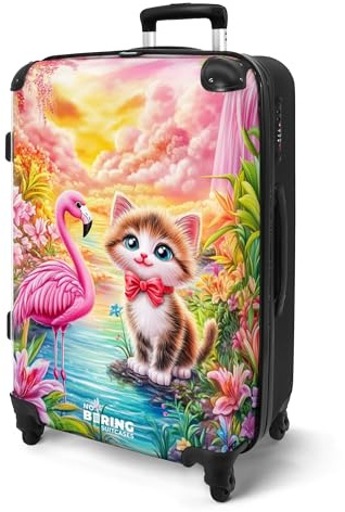 NoBoringSuitcases© Koffer Kinder Groß Kinderreisekoffer Kinderkoffer mit | 67x43x25 cm - Roller Leicht Trolly Große M Hartschalenkoffer Kind Kätzchen - Flamingo - Blumen - Paradies