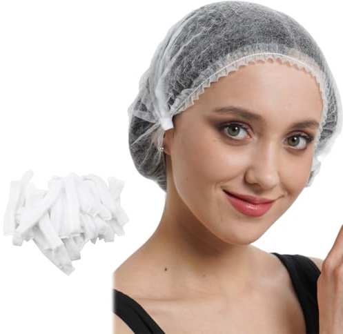 GXGM 100 Stück Einweg Nicht Gewebt Bouffant Kappen Einweg Haarhaube Haarnetz 52 cm mit elastischem Stretch-Band (Weiss)