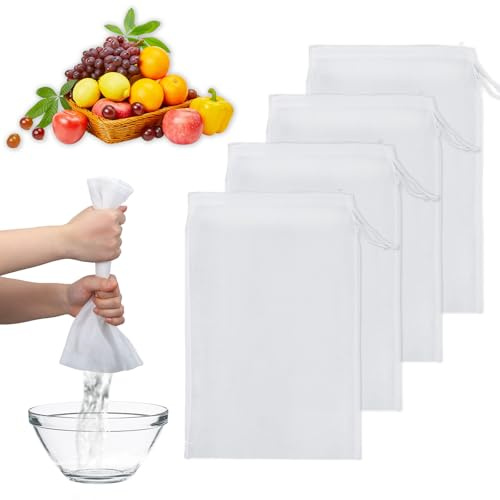4PCS Nut Milk Bag, 8x12 Inches Cheesecloth Bags, Food Grade Nylon Strainer, White Nut Bags, Reusable Fine Mesh Bag for Straining Fruit Juice, Tofu, Coffee, Yogurt, Soup and Tea