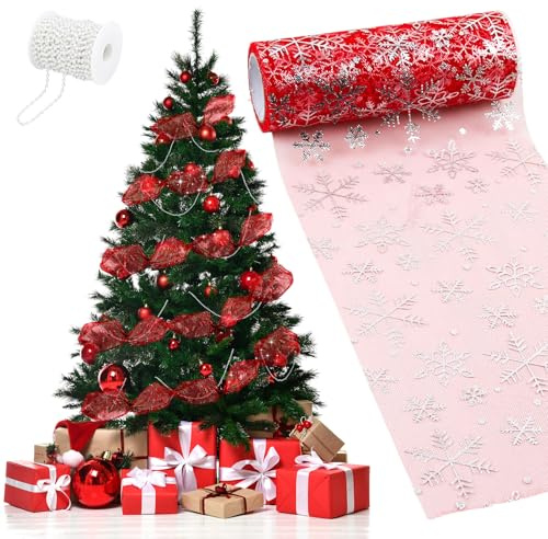 Nastro Albero di Natale, Ghirlanda per Albero di Natale con Collana di Perle, Ghirlanda Natalizia Nastro in Rete Metallica per Decorazioni Natalizie,Christmas Tree,Garland Fiocco Natalizie (Rosso)