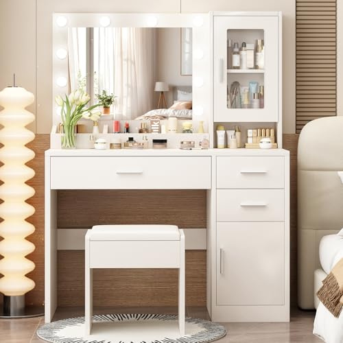 ENDYOE Makeup Vanity Desk Set with LED Lights Mirror Chair, Vanity Table with 7 Storage Shelves and 3 Drawers,3 Lighting Modes Adjustable Brightness Dressing Table for Bedroom,White