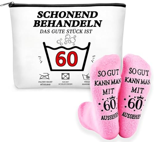 Sunwuun Lustiges Geburtstagsgeschenk für Frauen 60.Geburtstag Geschenk Make-Up Tasche und Socken,Kosmetiktasche für Reise,Täglicher Gebrauch & Geburtstagsfeier-Geschenkidee zum 60.Geburtstag Frau