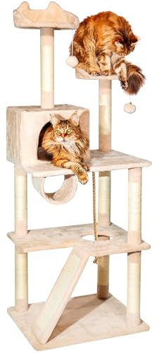 PAITSY Kattträd XL, klösbräda för katt, sittpinnar, koja, hängmatta, tunnel, bollar, sisalpelare, plysch, höjd 150 cm, beige