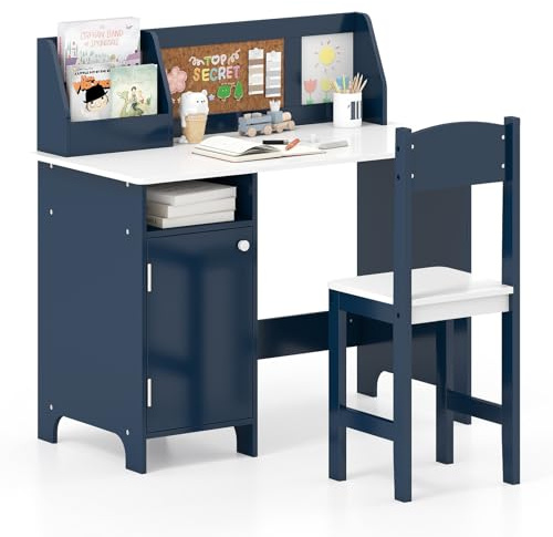 GOPLUS Bureau Enfant avec Chaise, Table d'Étude avec Tableau Blanc et Marqueur, Étagère, Armoire, Bureau Enfant 3+ Ans avec Rangement pour Maison, École, Charge 90/50KG (Bleu)