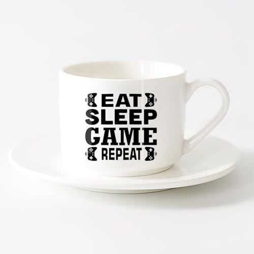AYUEHBN Personalised Mugs Words Eat Sleep Game Repeat Joystick Gamer Teenager Room （6oz/175ml） and Microwave-Safe，Sets Tea Cup with Saucers (White)