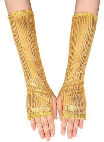 Generisch Glitzer Fingerlose Netzhandschuhe Damen Handschuhe Lange Tüll Pailletten Armstulpen Modische Abendhandschuhe für 80er Jahre Kostüm Zubehör Disco Maskerade Hochzeit
