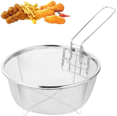 Cesta de acero inoxidable con mango de plástico desmontable, Colador de Doble Malla Fina de Acero Inoxidable para Freír y Escurrir Patatas Fritas, Adecuado para Cocinas y Restaurantes