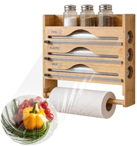 Distributeur Papier Aluminium et Film Alimentaire Mural 5 en 1 | Porte-Rouleau Cuisine Bambou avec Coupe-Film, Support Essuie-Tout & Épices, sans Perçage