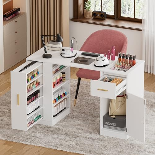 Elancee Table Manucure avec Aspirateur, Bureau Onglerie Professionnel 108 cm, Vitrine avec 9 Étagères, Tiroirs, Étagère, Moderne pour Salon de Beauté, Blanc