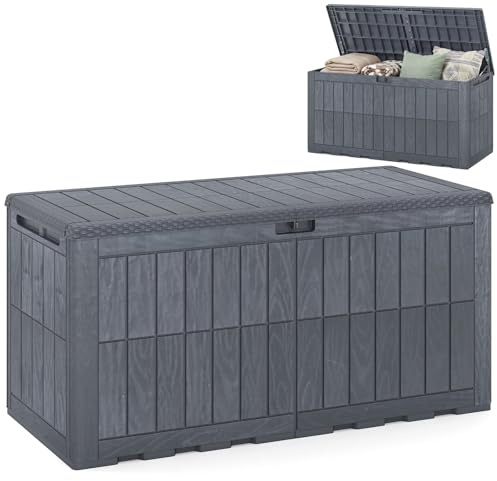 COSTWAY Garden Storage Box, Waterproof Resin Deck Box Bench with Lockable Lid & Handles, Grooved Texture Outdoor Patio Storage Container for Cushion Tool Toy (Gray,455L)