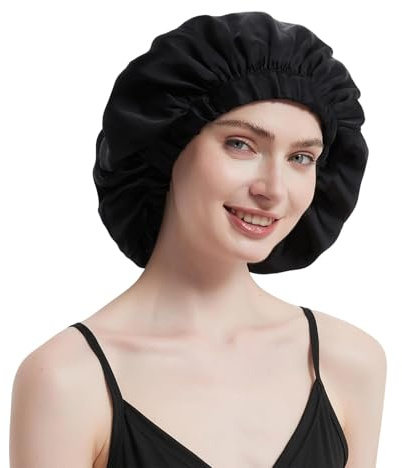 ALASKA BEAR Pure Mulberry Silk Bonnet Sleep Cap Breathable Head Wrap for Natural Curly Hair, Single Layer, Both Sides Silky Smooth w/Adjustable Elastic Band, 25momme Silk, Pitch Black