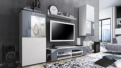 Vladon Wohnwand Movie, Anbauwand bestehend aus 1 TV-Board, 2 Vitrinen und 1 Regal, Weiß matt/Weiß matt/Grau Hochglanz, inkl. LED-Beleuchtung weiß (Gesamt: 300 x 190 x 39 cm)