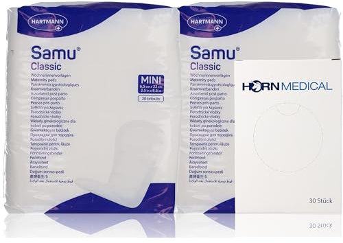 2x 20 Hartmann Samu Classic Wöchnerinnenvorlagen MINI im Set mit Horn Medical Hygienebeuteln aus Kunststoff