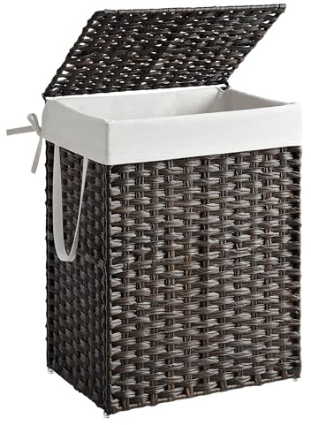 SONGMICS Wäschekorb handgeflochten, 90 L, mit Deckel und Griffen | Wäschesammler aus synthetischem Rattan, faltbar, Wäschesack herausnehmbar, braun, ELIOTT Kollektion LCB051K02