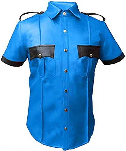 UbAli Camisa de Cuero Real para Hombre de Vaca y Oveja con Manga Corta, Camisa de Uniforme Policial, Camisa BLUF para Hombres Gay, Camisa de Cuero de Cordero Caliente, XXL