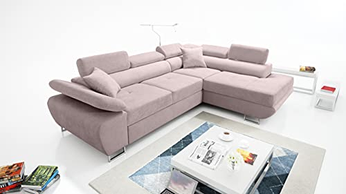 Robin Saturn Premium Ecksofa Schlaffunktion Bettkasten Verstellbare Kopfstützen Kissen Sofa L-Form Schlafsofa Freistehende Eckcouch Schlafcouch Wohnzimmermöbel Wohnlandschaft Rechts Flamingo