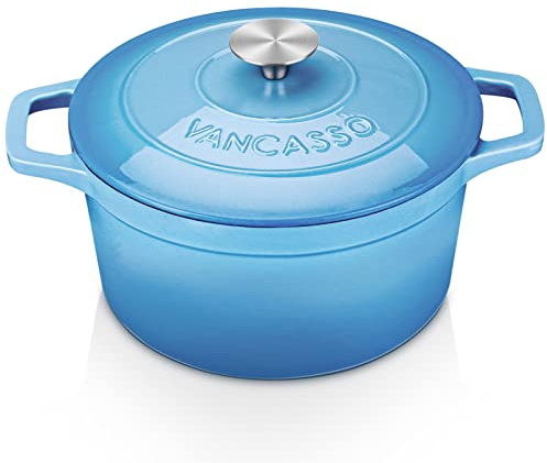 vancasso Cast Iron Pot, 4 Liters Blue Round Naturally Non-Stick Dutch Oven Cast Iron, with Stainless Steel Knob Lid Heavy Duty Enameled Casserole Dish for All Stovetops Compatible - 24cm
