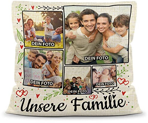 Print Royal Kissen selbst gestalten Leinen Optik - Familien Collage mit 5 Fotos Bedrucken - Unsere Familie - Geschenk Geburtstag Weihnachten - Fotokissen Natur inkl. Füllung, 40x40 cm
