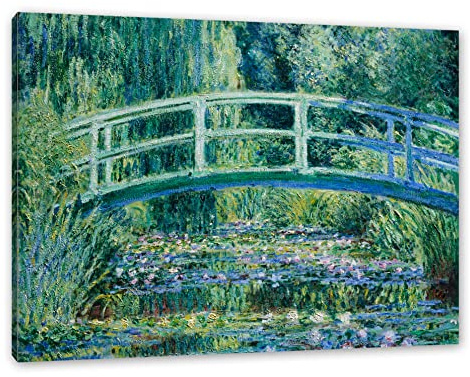 Pixxprint Claude Monet - Seerosen und japanische Brücke, Weiß, Größe: 80x60cm, Leinwandbild, fertig gespannt, Wandbild, Dekoration, Kunstdruck, kein Poster
