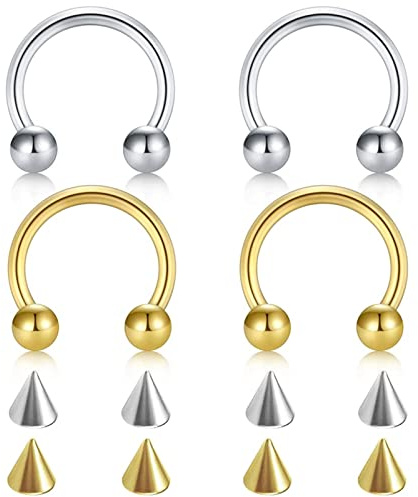 AMDXD Nasenstecker 1.2mm, Edelstahl Bauchnabel Piercing Stecker Silber Gold U Hufeisen Barbell Kegel Ersatz, Lippenpiercing Ohrringe für Frauen, 4STK