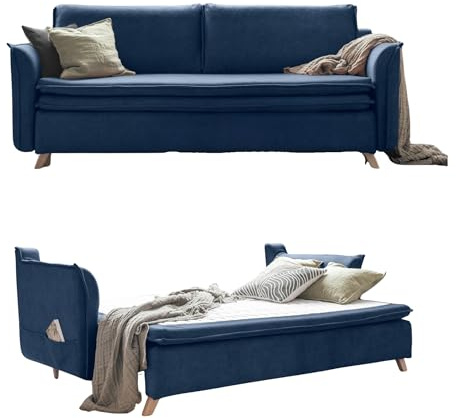 MIUFORM Charming Charlie Slim mit Bettkasten | 3 Sitzer Sofa | 225 x 90 x 85cm Couch | Klappsofa mit Schlaffunktion (Navy Blau)