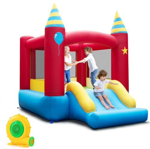 COSTWAY Kids Bouncy Castle, Inflatable Bounce House with Blower, Slide and Carry Bag, Children Blow Up Jumper for Indoor Outdoor