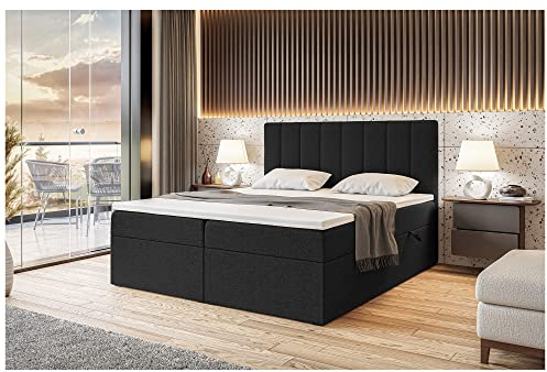 MEBLINI Boxspringbett mit Bettkasten - Gepolstert Doppelbett mit Matratze und Topper - Polsterbett mit Stauraum - Bett mit Kopfteil - Stauraumbett - Erling - 180x200 - H3/Schwarz Webstoff