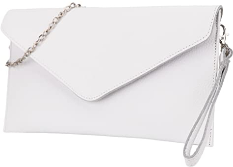 SH Leder Echtleder Clutch Umhängetasche kleine Tasche elegant Abendtasche in genarbt Rindleder mit Tragkette 31,5x16,5cm Saya G369 (Weiss)