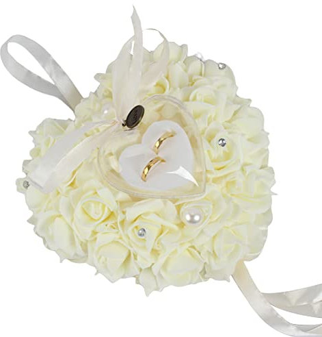 Romantische Ringkissen Herzförmig Ringhalter Hochzeit Ringkissen Rosen Eheringkissen Ringbox Weiße Strass Paar Ring Kissen Hochzeit Herz Kissen für Braut Ringe Rosen Ringträger für Eheringe Verlobung