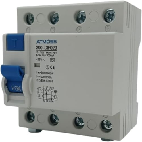 Interrupteur différentiel Type A SI super-immunisé FI, 300 mA, 4P, 63 A | TYPE A | 300mA | Certificat CE | 240/415V CA | Prise de vue instantanée | 72mm X 66mm X 83mm | RASMACOR
