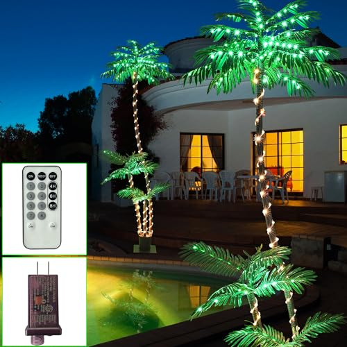 SOSHOT 84 Inch Artificial Lighted Palm Tree with Three Trunks and 260 LED Lights, Ideal for Outdoor/Indoor Use, Perfect for Bar, Patio, Home, Office, Beach, Yard and Party