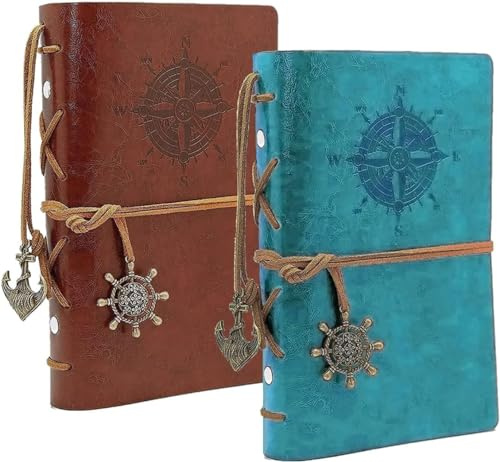 BetterJonny 2 Pack Leder Notizbuch A5, Retro Notizbuch aus Leder Vintage Spiralbindung Tagebuch Nachfüllbares Tagebuch Reisetagebuch Skizzenbuch für Männer und Damen, Blau und Braun