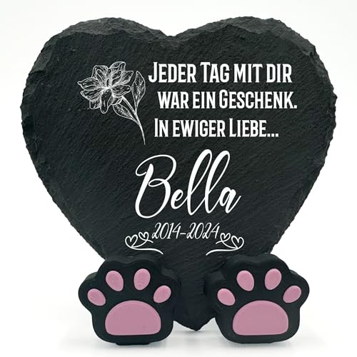 TULLUN Personalisierte Gedenktafel in Herzform Pfoten ständer für Haustier Katze Hund Schiefer Stein Rahmen Pelziger Freund Natürlich Grabstein | 10 x 10 cm | - In liebevoller Erinnerung