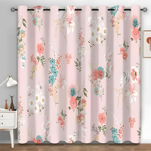 Syhi Qlty Pink Rose Blackout Curtains for Bedroom, Boho Thermal Curtains & Drapes, Eyelet Soundproof Curtains 54 Inch Drop, Window Treatments for Living Room, 66 x 54 Inch(W X L), 2 Panels