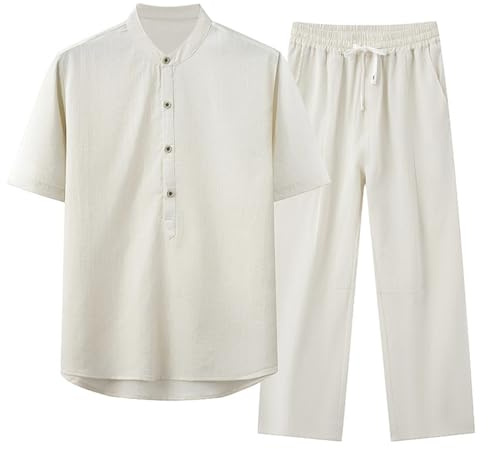 Oanviso 2 Pezzi Tuta Uomo Completi Camicia Scollo a V + Pantaloni Casual Tute da Spiaggia Maniche Lunghe/Corte Estate Set Pigiama Tuta Cotone e Lino Tuta Morbido Leggero Taglie Forti D Grigio M