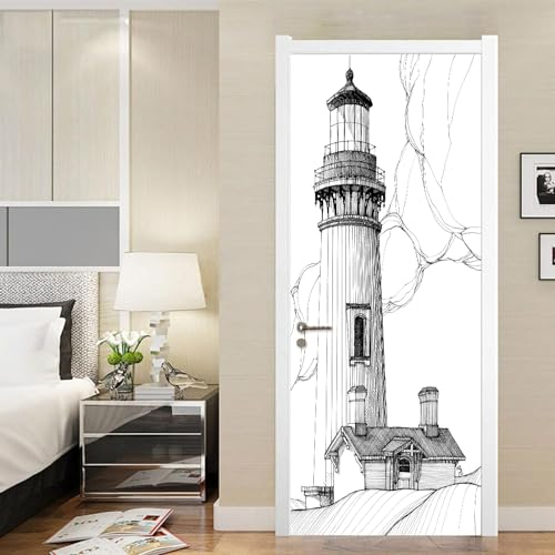3D-Tür-Poster Schwarz-Weißer Leuchtturm Selbstklebende Türsticker Tür Tapete Tür Wandbild Tür Kunst Tür Wandaufkleber Tür Foto 90 X 200 Cm Für Wohnzimmer Schlafzimmer Badezimmer Küche Türdeko -9I2Q7J0