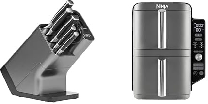 Bloc-couteaux Ninja Foodi StaySharp avec Affûteur, 6 Pièces Aiguisés, en Acier Inoxydable, K32006EU + Ninja Double Stack XL Friteuse sans huile, friteuse verticale à 2 tiroirs, SL400EU