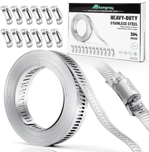 Aongray Hose Clamp, 3.5m/11.5ft Adjustable Jubilee Clips Metal Hose Clips + 12 Fasteners Clamps Worm Gear Band Clamps for Pipe, Plumbing, Fuel Line, Intercooler Tube