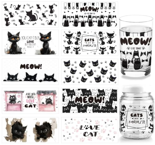 arricraft 10 Blatt Black Cat UV DTF Cup Wrap Für 16OZ Glas Are You Need Is Love And A Cat Abziehbilder Zum Aufreiben Cartoon Tier Transferaufkleber Für DIY Flaschen Katzenfutterbehälter