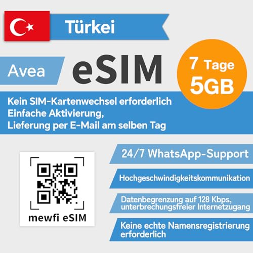 mewfi eSIM für Türkei Reisen, 7 Tage 5 GB, 4G LTE, Google, Twitter, etc., Einfache Aktivierung, 24/7 Whatsapp-Support