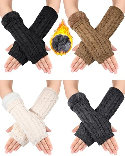 Shihanee 4 Pairs Winter Fleece Lined Arm Warmers for Women Knit Long Fingerless Gloves Warm Thumbhole Mittens for Women(Classic Color,Twist Style)