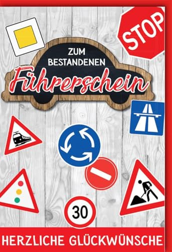 Verlag Dominique Führerschein Glückwunschkarte mit Auto- und Verkehrsschild-Design in Holzoptik für bestandene Prüfung - mit Umschlag