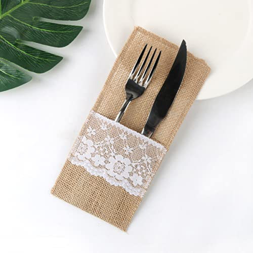 PTNKUIIY 50 Stück Jute Bestecktaschen - Vintage Jute Bestecktaschen mit Spitze Besteckhalter aus Sackleinen Hochzeitsdeko Tischdeko für Hochzeit Party Geburtstag Zuhause Kommunion Ostern -#2