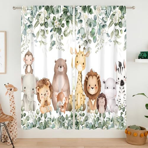 MESHELLY Safari-Vorhänge für Kinder, 106 x 160 cm (B x H), Stangentasche, Cartoon, Baby, Jungen, Kinderzimmer, Kinder, niedlicher Löwe, Schlafzimmer, Fenstervorhänge, Wald, Dschungel, bedruckt,