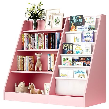 KEEPREAPER Kinderregal Bücherregal für Kinder 90x40x80cm Kinderzimmer, Rosa | Mit 5 Ablage und 4 offenen Fächern, Holz, Spielzeugregal, Spielzeug-Organizer