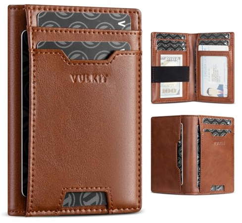 VULKIT Kreditkortshållare i fint läder med RFID-blockering, framficka för män, snabb åtkomst, med 10 fack och band för sedlar eller kvitton, handflatans plånbok, Brun, 10.9 x 7.3 x 1.6 cm